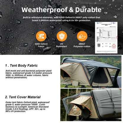 Naturnest Premium Weatherproof 2-3 Person Rooftop Tent with Adjustable Dual Lighting, Memory Foam Bedding, Spacious Interior, and Exceptional Delivery