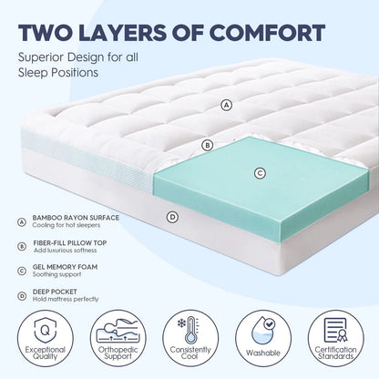 EMONIA 4 Inch Dual Layer Memory Foam Mattress Topper Queen, 2 Inch Cooling Gel Memory Foam Plus 2 Inch 100% 400TC Soft Extra Thick Mattress Pad Pillow Top Cover with 8-21" Deep Pocket for Back Pain