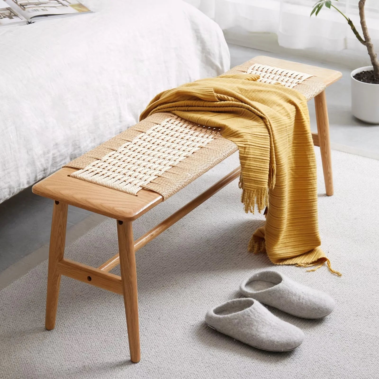 Woven Design Dining Bench, Solid Wood Bed End Bench with 4 Solid Legs and Woven Cover, Long Kitchen Dining Bench for Living Room Dining Room Bathroom, Easy Assembly, Natural