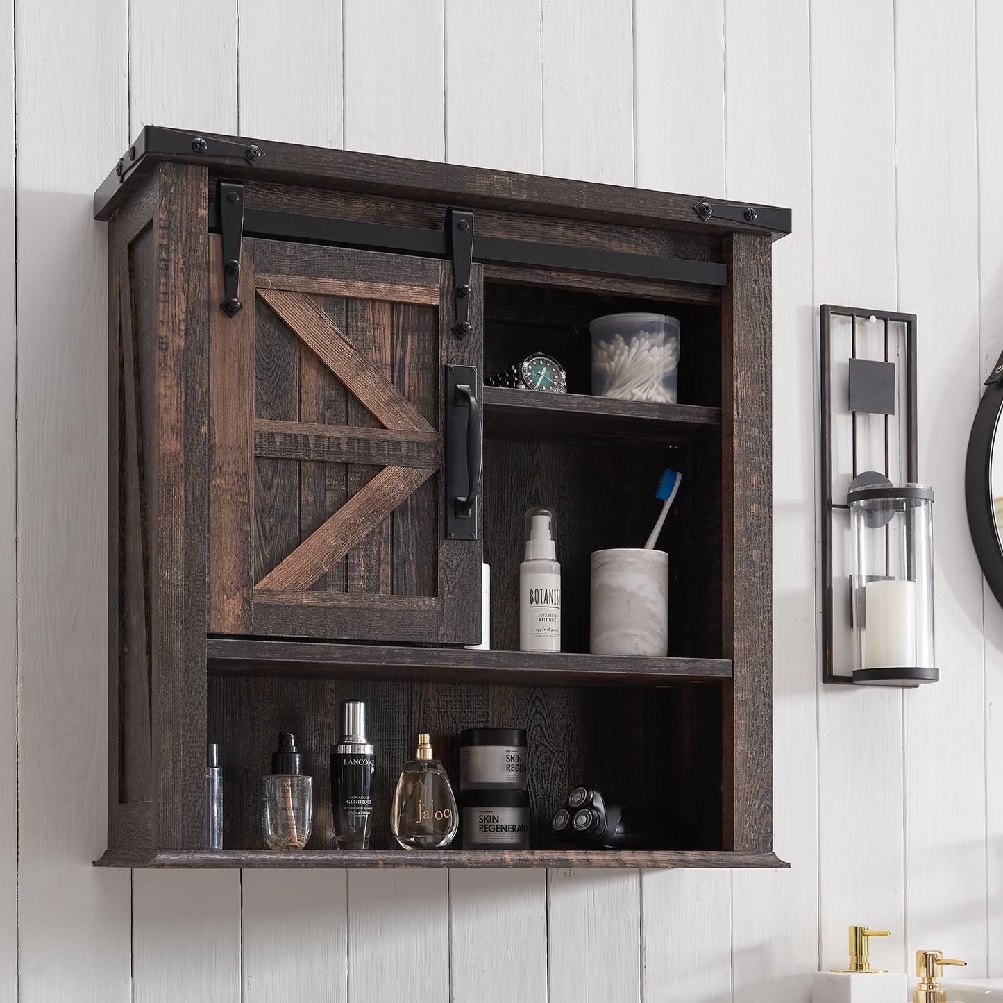 OKD Wall Storage Cabinet with Barn Door & 3 Shelves Farmhouse Wooden Bathroom Wall Mounted Medicine Cabinet Organizer Spacesaver for Kitchen Laundry Room Hotels Home, Light Rustic Oak