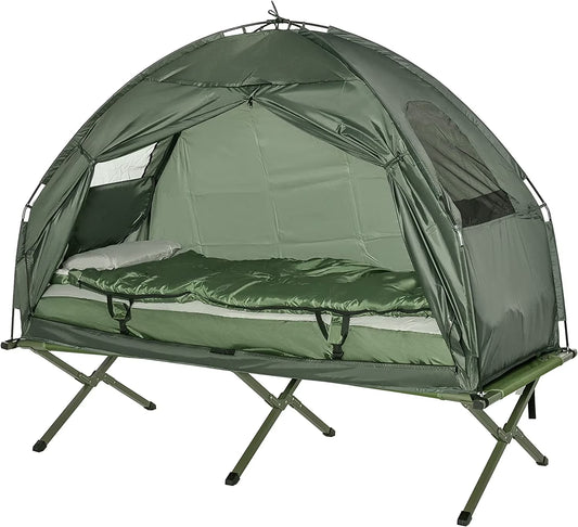 Outsunny Multifunctional Folding Camping Cots for Adults, Elevated Tent with Sleeping Bag, Thick Air Mattress Pad, Portable Single Sleeping Cot Camping Bed