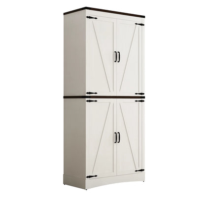 71" Tall Farmhouse Kitchen Pantry Cabinet, 5 Layers Storage Cabinet with Adjustable Shelves, Farmhouse Pantry Cabinet with 4 Barn Doors for Kitchen, Dining Room, Bathroom, Living Room, Rustic White
