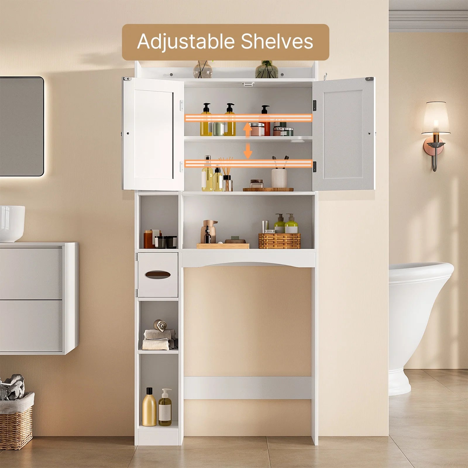 Over the Toilet Storage Cabinet , Bathroom Cabinet with 6 Open Shelves & Waterproof Tissue Holder - Upgraded White