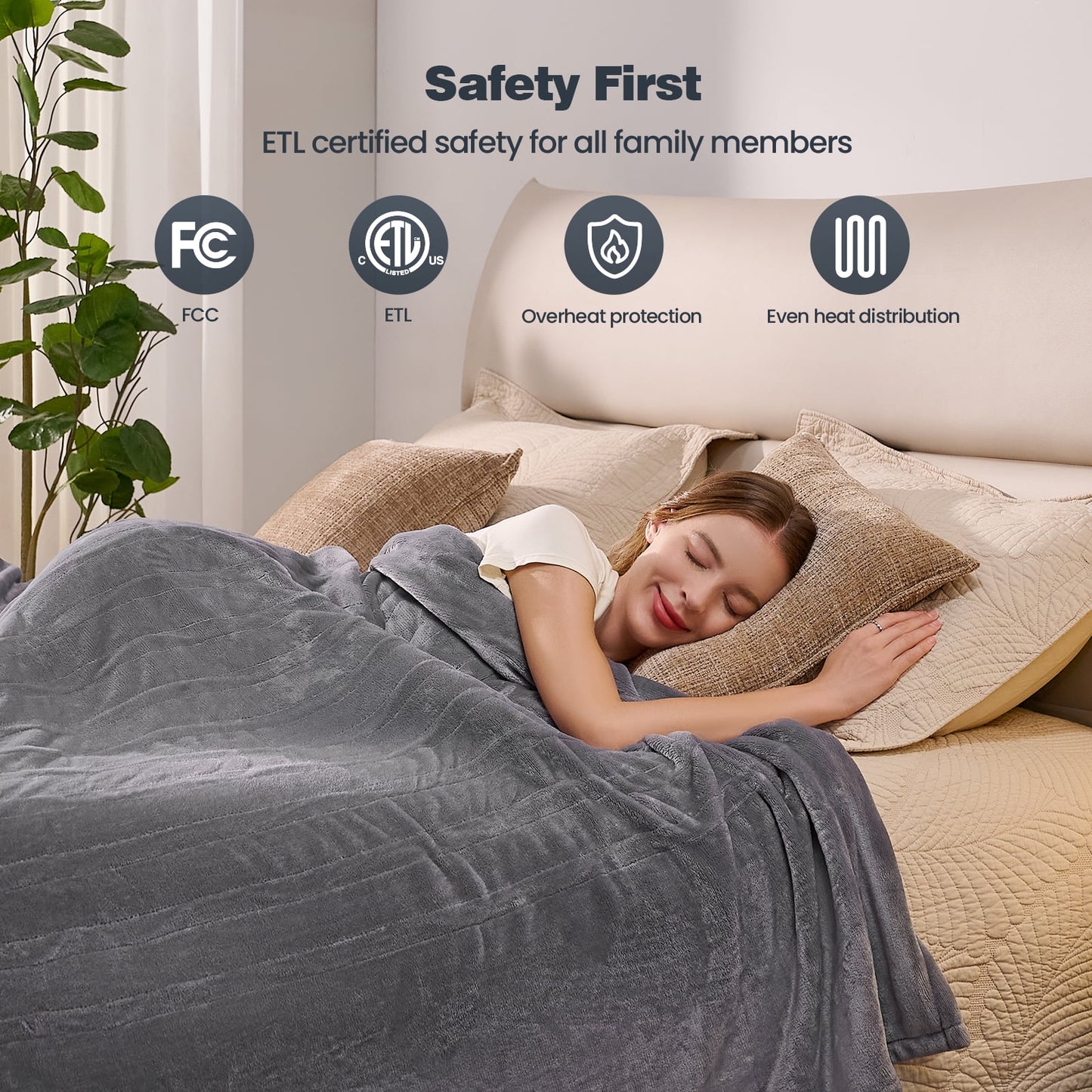 Ocuuziisu Electric Blanket 90" x 100" King Size Heated Blanket, Flannel and Sherpa, 10 Hour Auto-off, 9 Heat Settings, Fast Heating, Machine Washable, Gray