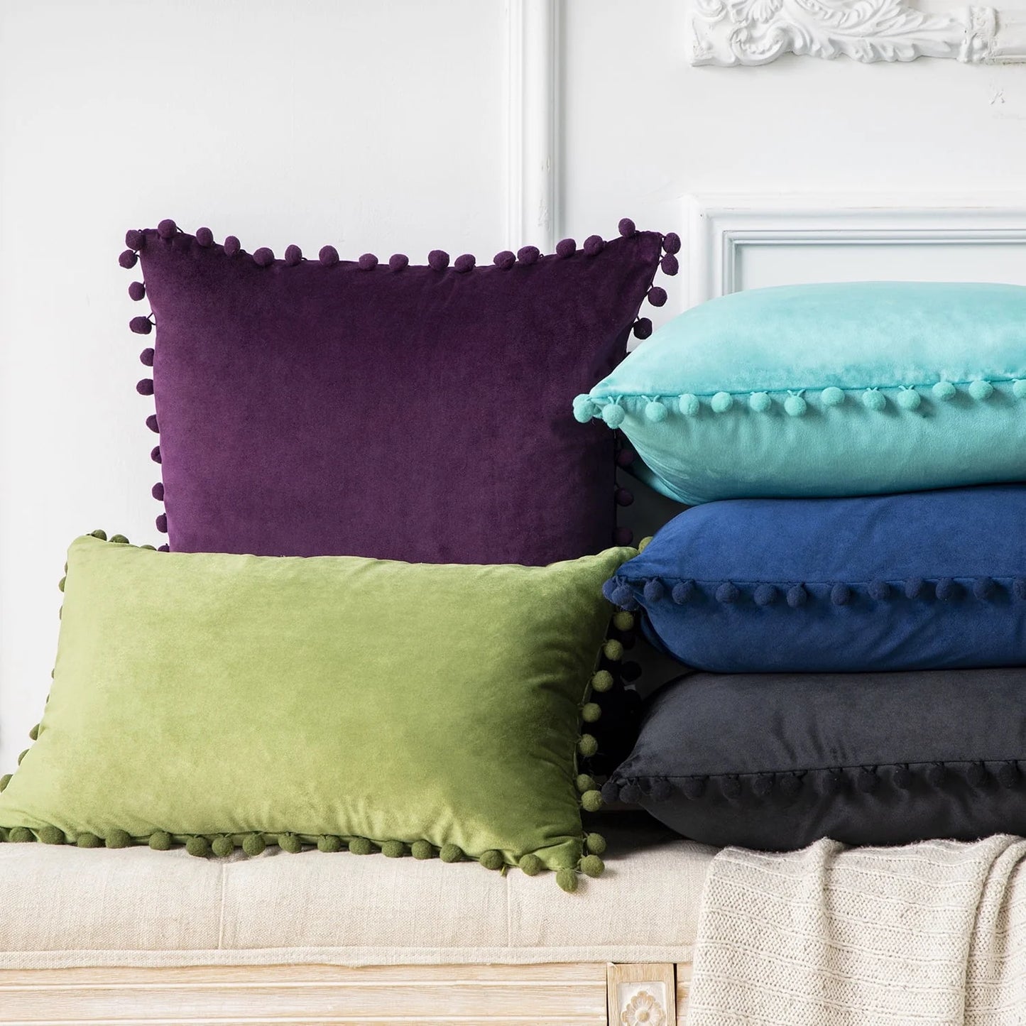 Phantoscope Throw Pillow with Insert,Silky Velvet Series Pom Pom Decorative pillow, 18" x 18", Off White, 2 Pack