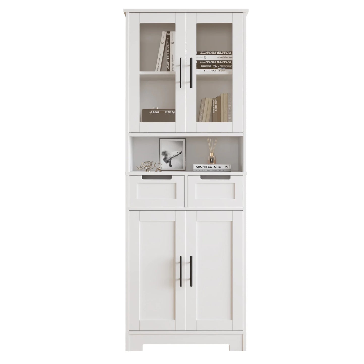 UBesGoo Tall Bathroom Cabinet Storage with 4 Doors & 2 Drawers, Wooden Kitchen Hutch, Large Display Cabinet, White