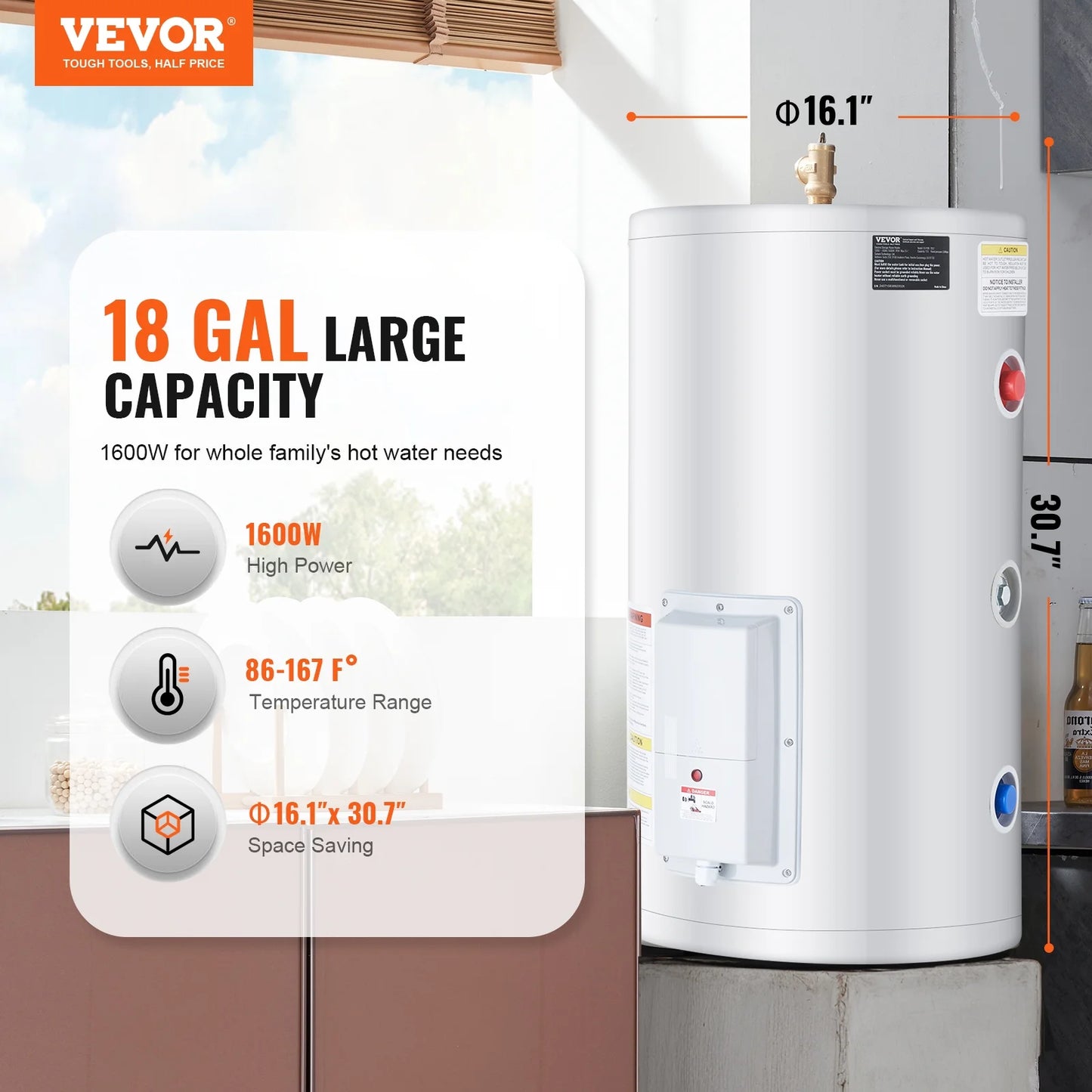 VEVOR Electric Water Heater, 18 Gallon Tank Instant Hot Water Heater, 1.6Kw Tankless Water Heater w/LED Display,Knob Control, IPX4 Waterproof Side Connection On Demand Heaters for Shower, Bath