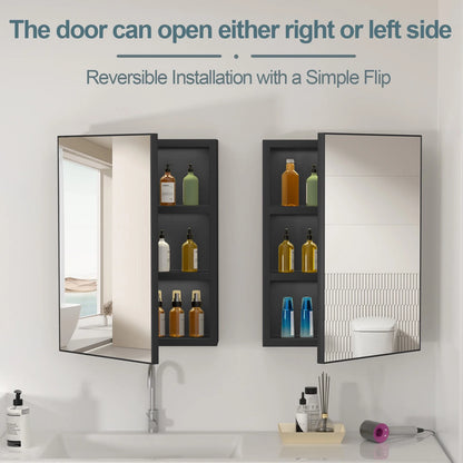 Ciumeeo Bathroom Wall Cabinet Single Door Wall Mount Storage Medicine Cabinet with Mirror and Hidden Shelves Black