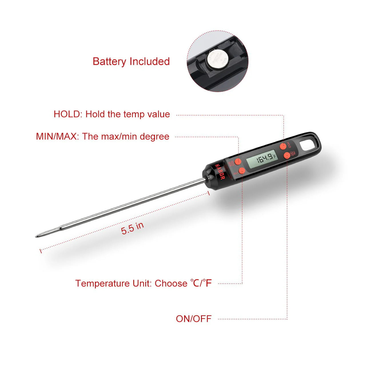 Habor Meat Thermometer, Instant Read Digital Cooking Thermometer, Grilling Thermometer with Super Long Probe for Kitchen BBQ Grill Smoker Meat Oil Milk Yogurt Temperature