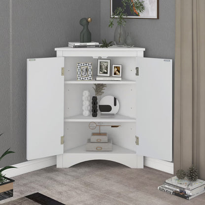 Triangle Bathroom Storage Cabinet, Wooden Corner Freestanding Floor Cabinet with Double Doors and Adjustable Shelves, Mordern Console Table for Bathroom, Living Room, Small Space, Grey