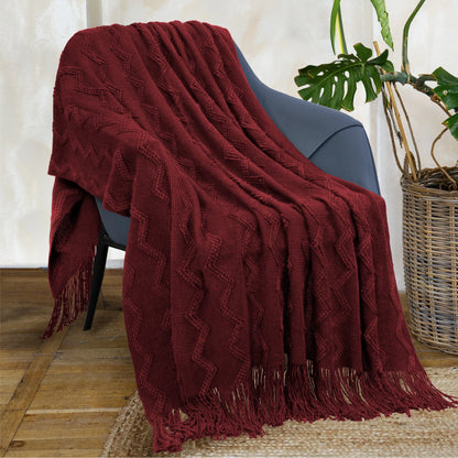 PAVILIA Maroon Red Knit Throw Blanket Couch, Soft Knitted Boho Farmhouse Home Decor Woven Throw, Cozy Decorative Afghan Bed Sofa, Outdoor Summer Fall Gift Lightweight, Burgundy Wine Cranberry, 50x60