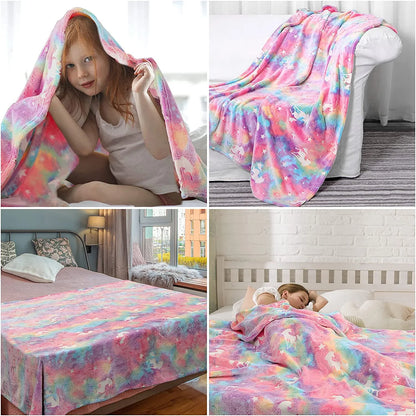Unicorn Blanket for Girls, Glow in Dark Throw Blanket Lighted, Flannel Furry Fleece Blanket, Christmas Gifts for Kids Ages 3+ Years Old, 60in x 50in