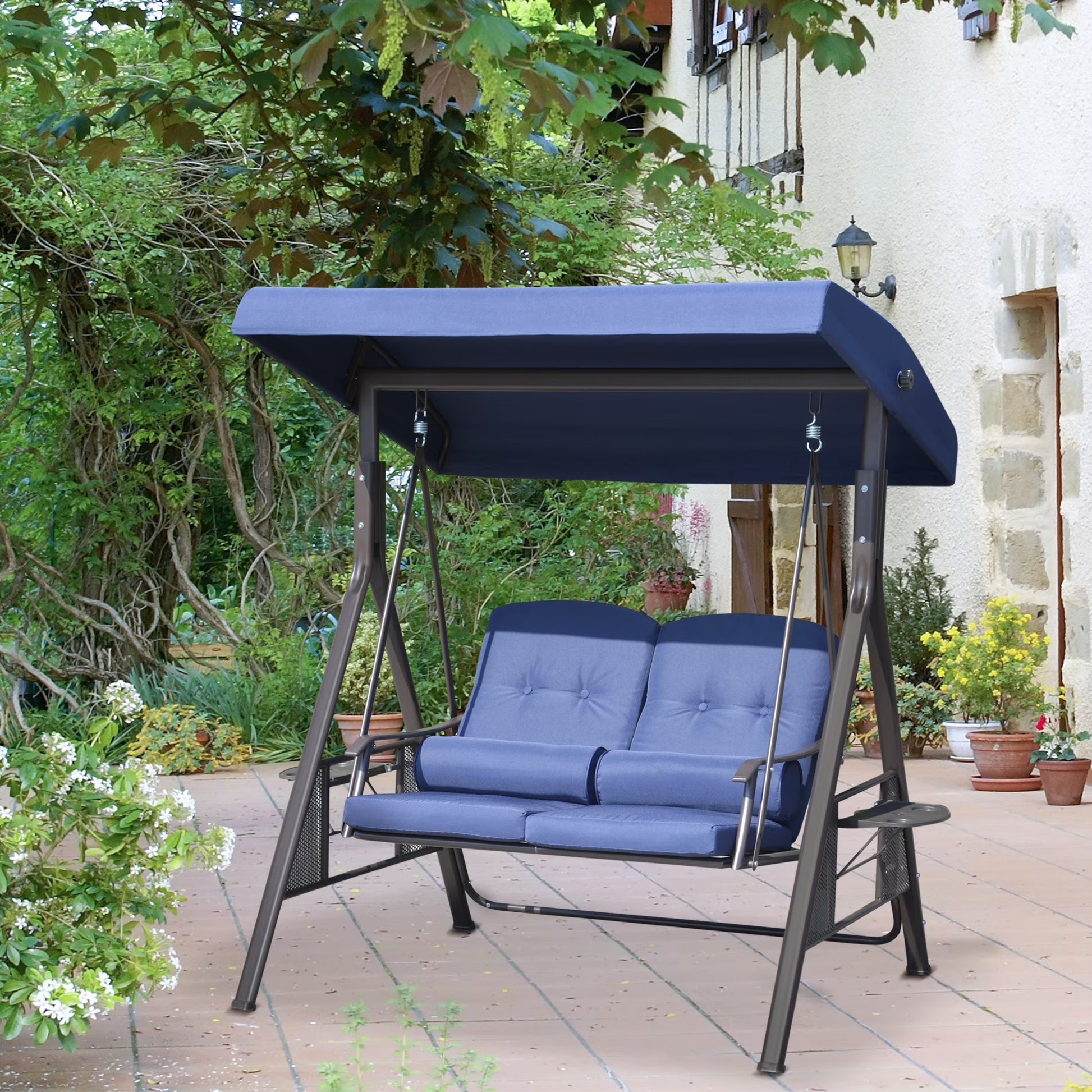Outsunny 2-Person Patio Swing Bench with Adjustable Shade Canopy, Soft Cushions, Throw Pillows and Tray, Beige.