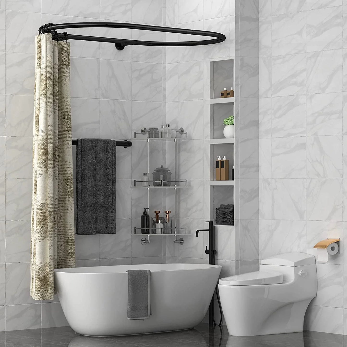 Aluminum Alloy Oval Shower Curtain Rod Hoop Square Shape Bathroom Rod for Clawfoot Tub Free Standing Tubs (Black)