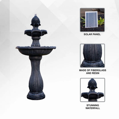 XBrand 44" H Black Fiberglass/Resin 2-Tier Solar Water Fountain w/Solar Panel and Auto-Shut Off Pump, Solar Garden Fountain, Tall Outdoor Fountain, Two Tiered Birdbath Fountain