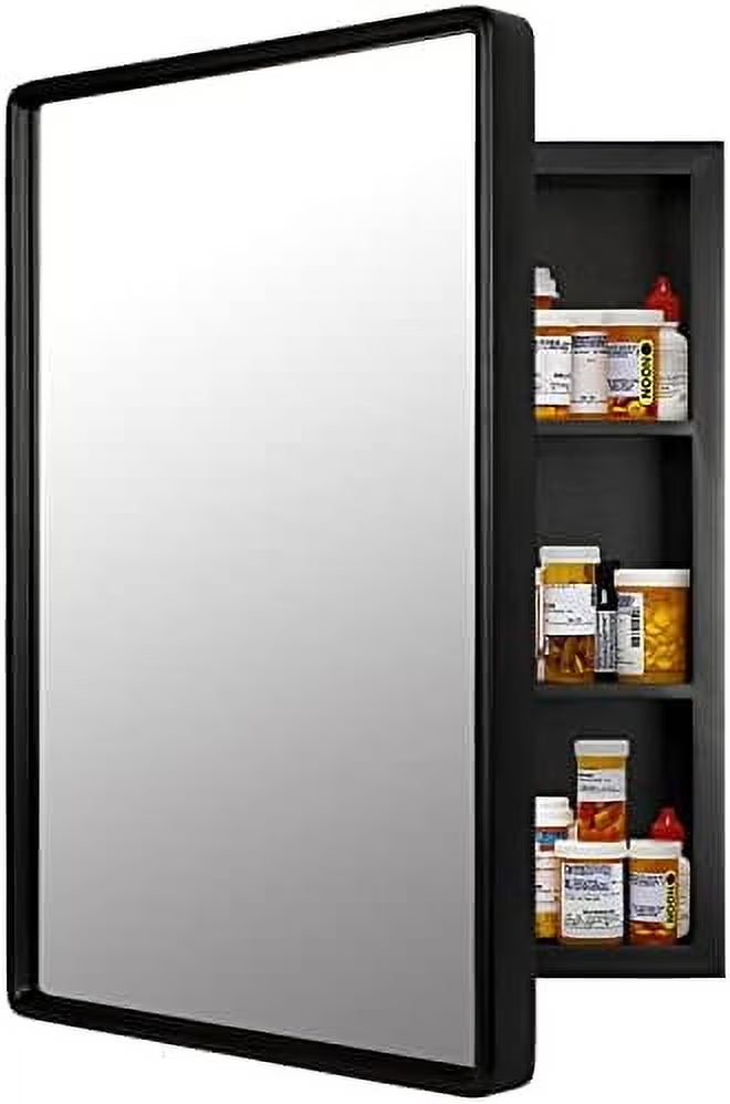Farmhouse Medicine Cabinet Mirror with Wood Frame - Recessed & Wall Mount Bathroom Storage, 3 Shelves, 16x24 Inch (Black)