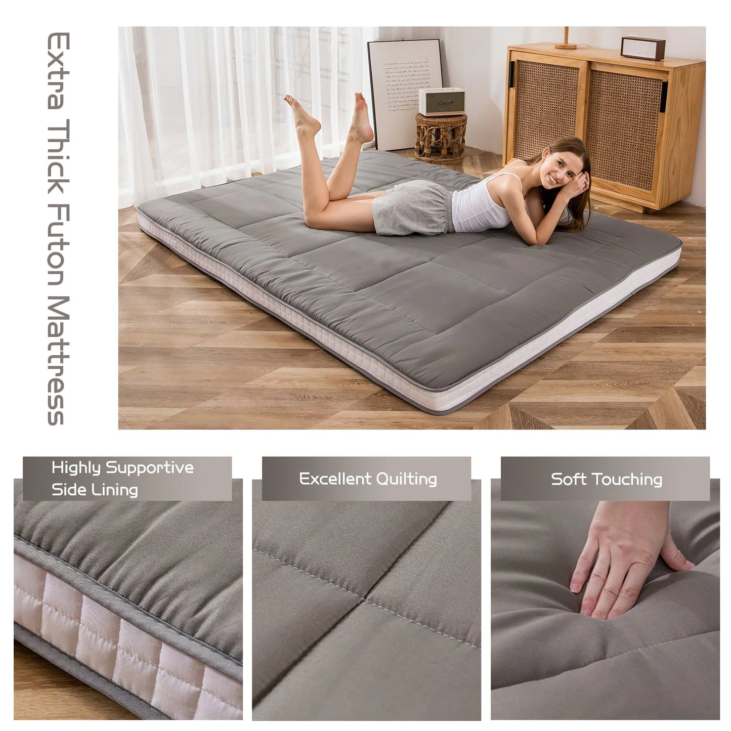Mattress, Padded Japanese Floor Mattress Quilted Bed Mattress Topper, Extra Thick Folding Sleeping Pad, Dark Grey, Queen