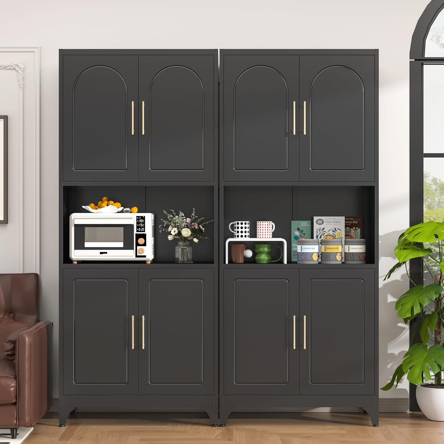 75" Metal Kitchen Pantry Storage Cabinet,Kitchen Hutch Food Pantry Cabinet with Microwave Stand,Freestanding Larder Cupboard with Doors and Adjustable Shelves for Bathroom, Living Room
