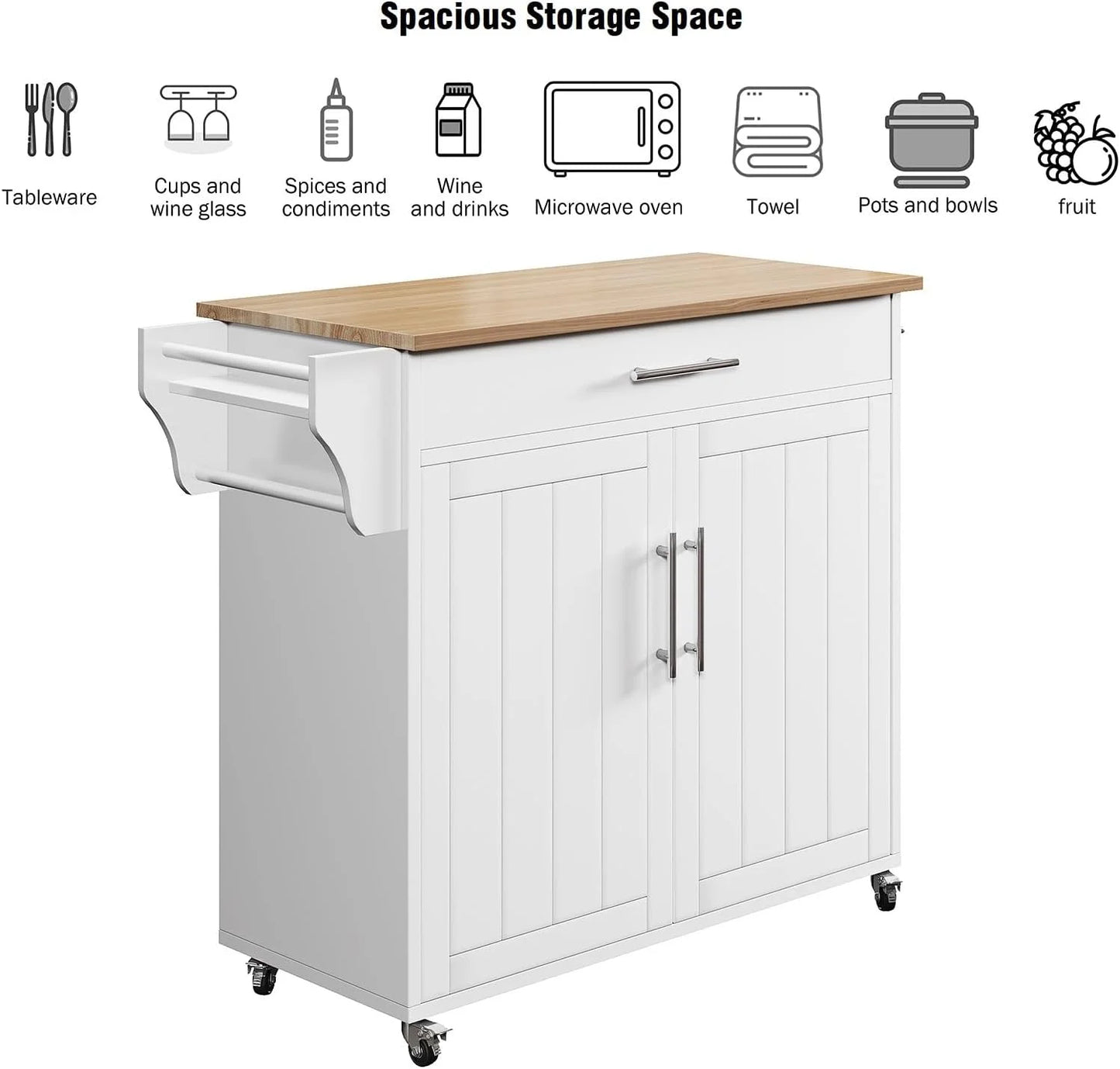 Pingliang Home Rolling Kitchen Storage Carts with Towel Rack and Drawers, Kitchen Island with Wheel,Rubberwood,White, 35"