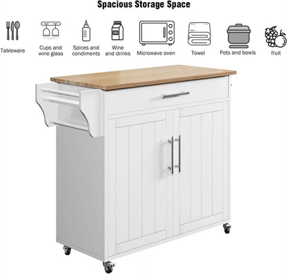 Pingliang Home Rolling Kitchen Storage Carts with Towel Rack and Drawers, Kitchen Island with Wheel,Rubberwood,White, 35"