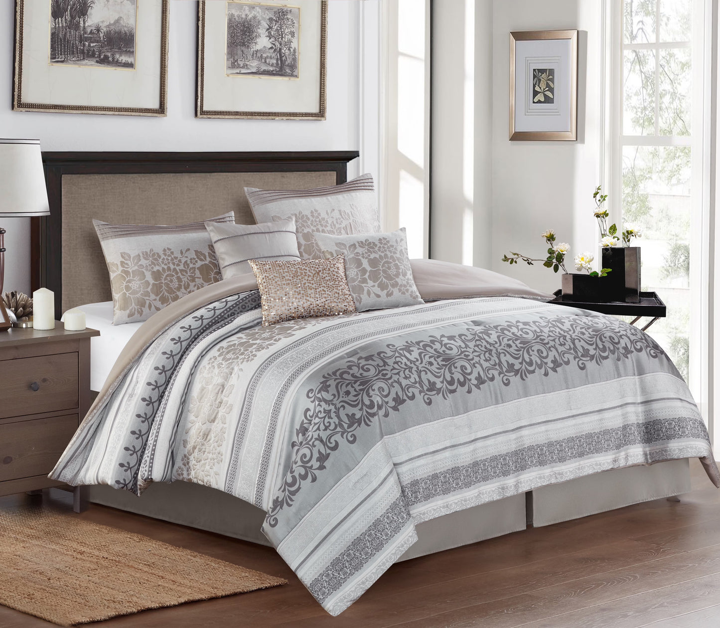 Lanco Smoke Grey Comforter Set California King Size, 9 Piece Jacquard Floral Bedding Set, All Season, Ultra-Soft, Matching Pillows & Shams, Bed Skirt