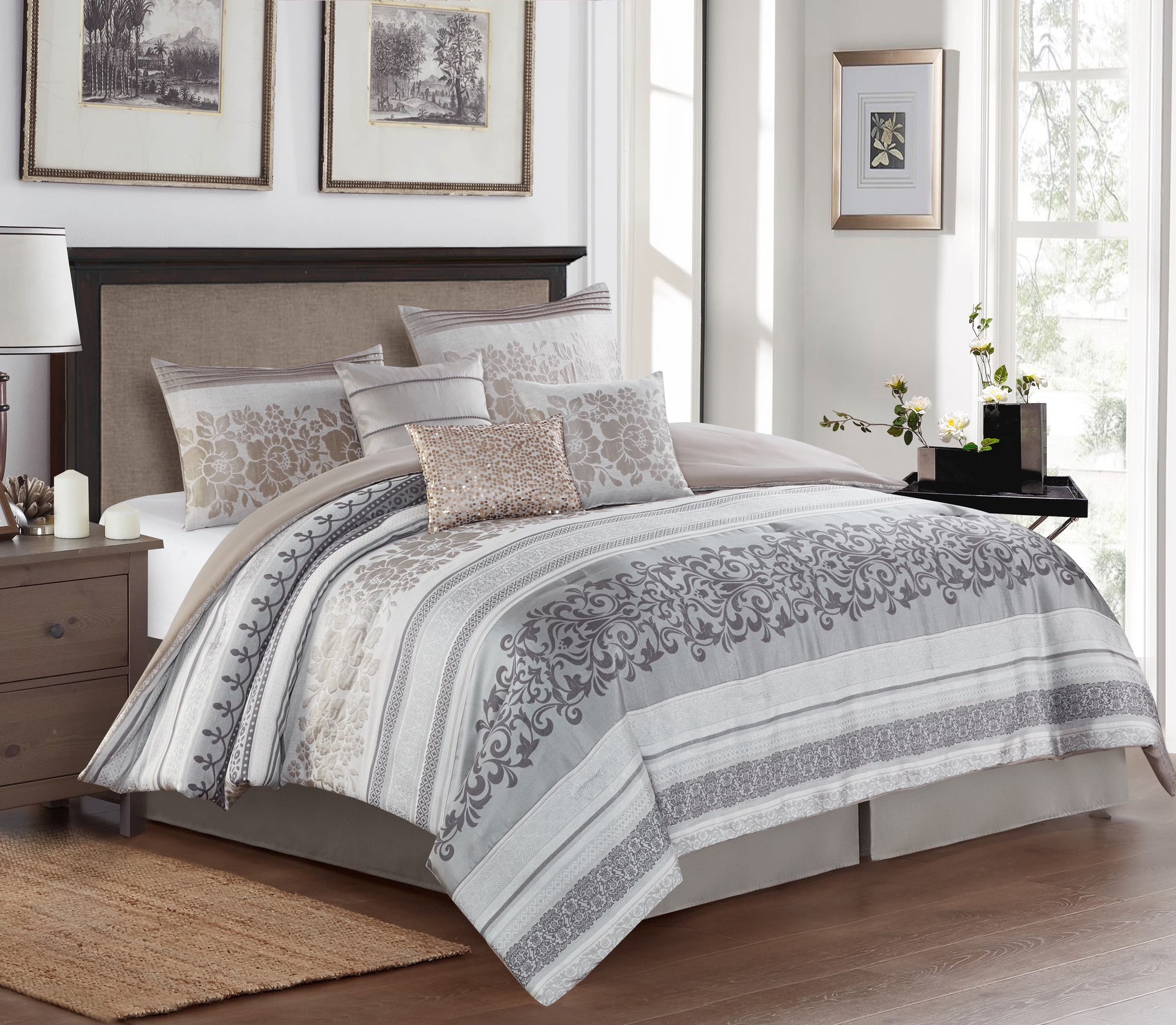Lanco Smoke Grey Comforter Set California King Size, 9 Piece Jacquard Floral Bedding Set, All Season, Ultra-Soft, Matching Pillows & Shams, Bed Skirt
