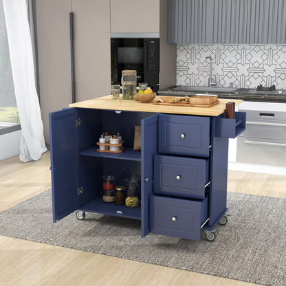 Kitchen Island Cart with Drop-Leaf Tabletop and Locking Wheels, 52.7" Large Kitchen Trolley Cart with 2 Door Cabinet and 3 Storage Drawers, Spice Rack Towel Rack, Rolling Kitchen Island Cart, White