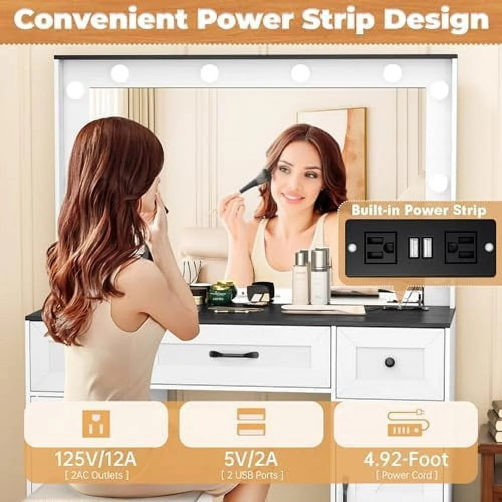 Vanity Table Set with Lighted Mirror,Makeup Dressing Table with 10 Light Bulbs and Touch Switch, 2 Large Drawers and Cushioned Stool for Women Girls Fit Bedroom, Bathroom (White)
