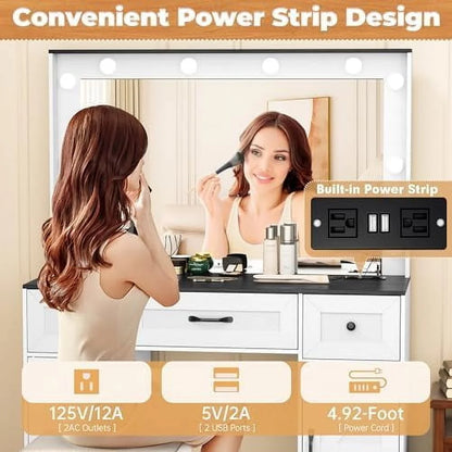 Vanity Table Set with Lighted Mirror,Makeup Dressing Table with 10 Light Bulbs and Touch Switch, 2 Large Drawers and Cushioned Stool for Women Girls Fit Bedroom, Bathroom (White)