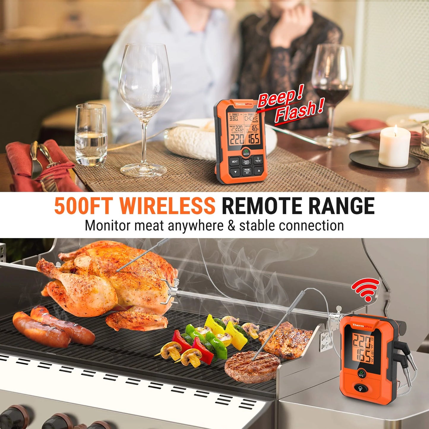 ThermoPro TP810W Wireless Meat Thermometer of 500FT, Dual Probe Meat Thermometer for Smoker Oven, Grill Thermometer with Dual Probes, Smart Rechargeable BBQ Thermometer for Cooking Turkey Fish Beef