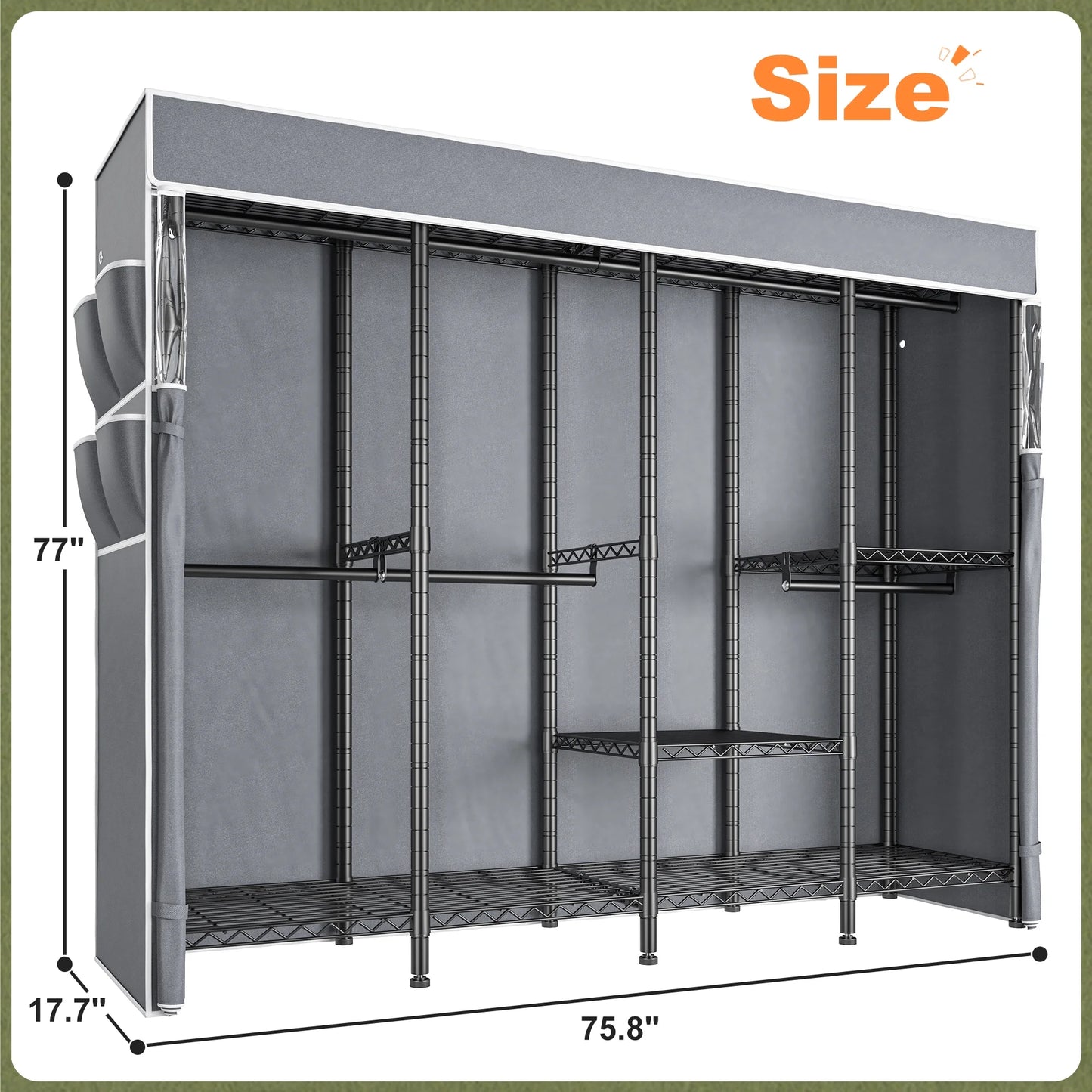 EnHomee 76"W Clothes Rack with Cover,1100LBS Heavy Duty Wardrobe Closet Organizer,Adjustable Portable ClosetBlack