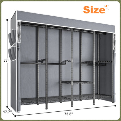 EnHomee 76"W Clothes Rack with Cover,1100LBS Heavy Duty Wardrobe Closet Organizer,Adjustable Portable ClosetBlack