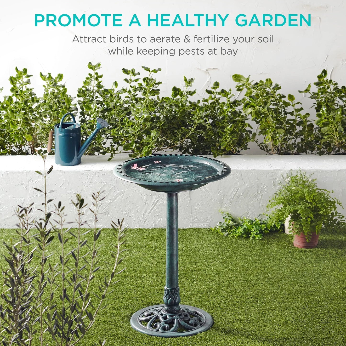 Best Choice Products Outdoor Rustic Pedestal Bird Bath Accent for Garden, Yard w/Fleur-de-Lis Accents Green
