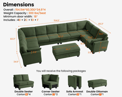 CHIC HOUSE 154.5" Sectional Sofa with Storage Ottoman Chaise, Corduroy U Shaped Sofa Convertible Sectional Couches for Living Room, 12 Seater Corner Modular Sofa with Deep Seat Throw Pillows, Green