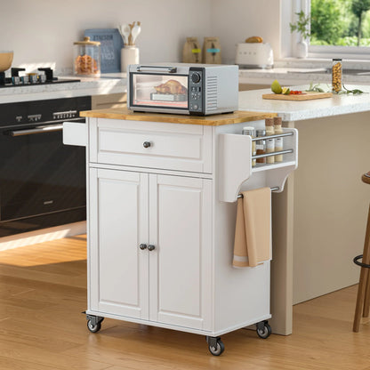 Kitchen Island with Storage on Wheels, Microwave Cart with Spice Rack, Towel Rack & Drawer, White