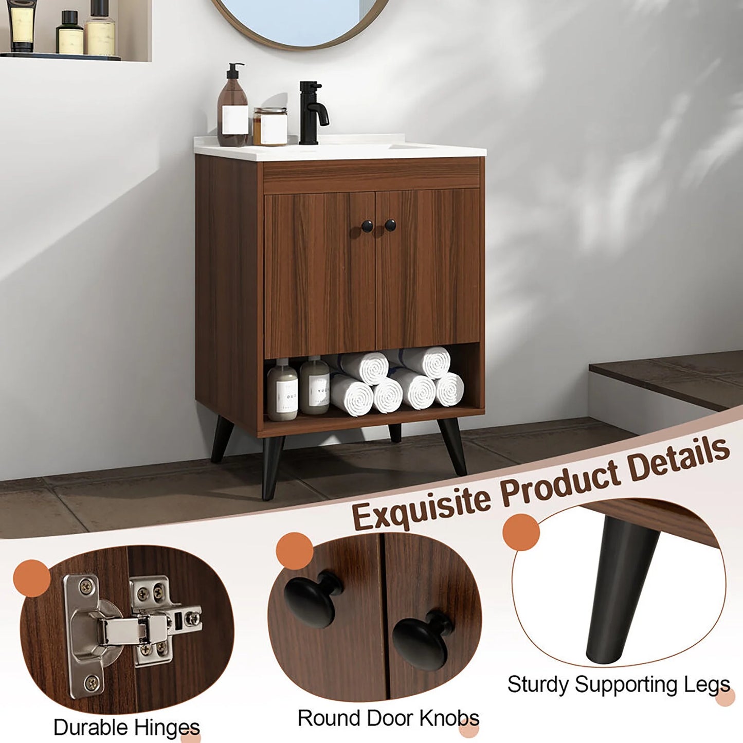 Gymax 25 Inch Wooden Bathroom Vanity Sink Combo with Open Shelf & Sink & Pop Up Drain