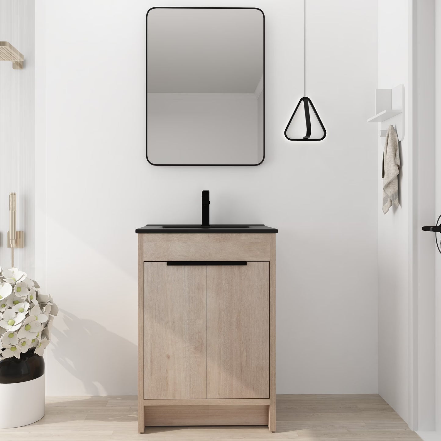 BNK 24/30/36 inch Freestanding Single Sink Bathroom Vanity with Soft Close Door and 1 adjustable shelf 24"W x 18.3"D x 35"H - Plain Light Oak