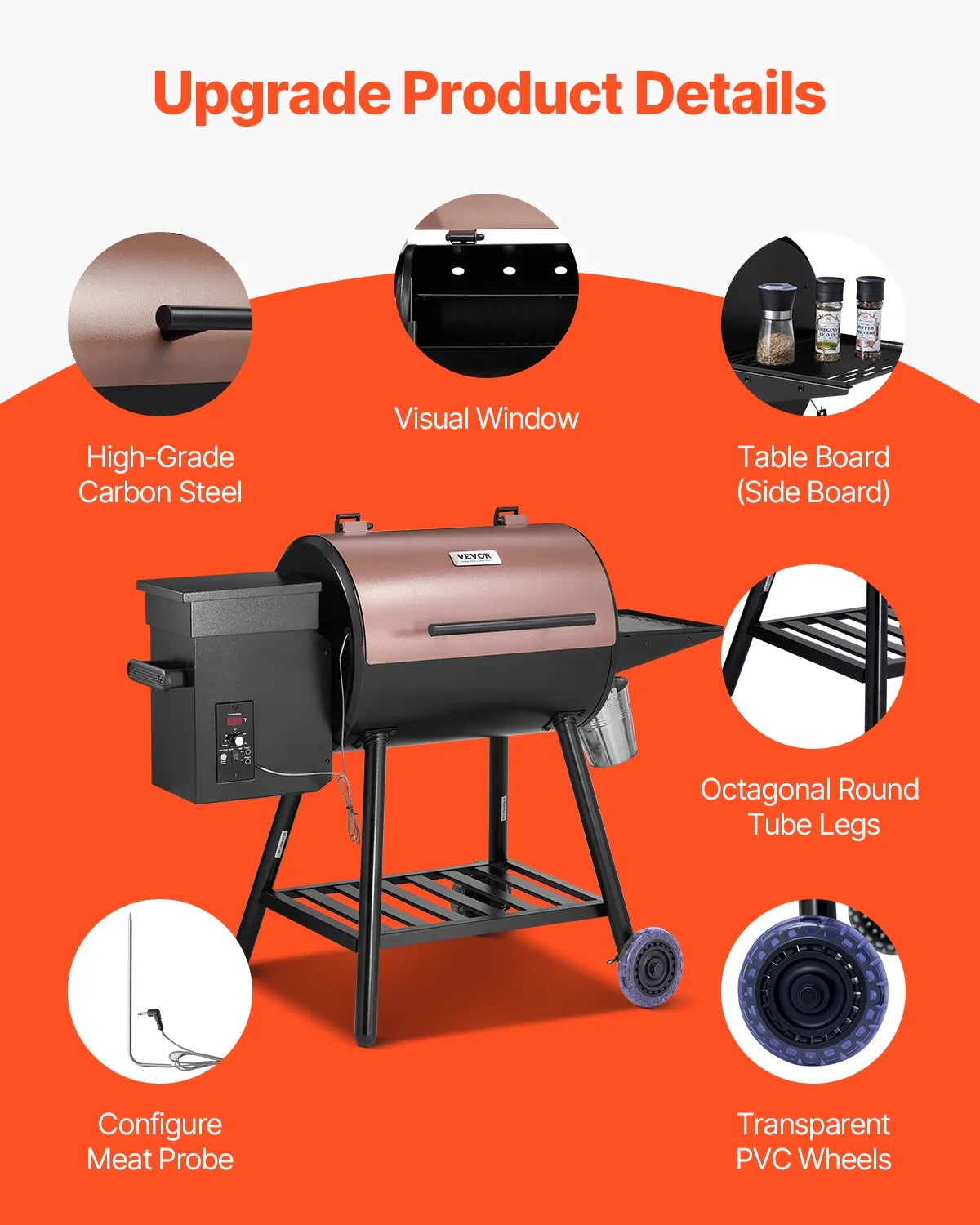 VEVOR Wood Pellet Grill Smoker, 8 in 1 BBQ Grills for Outdoor Cooking, 456 Square Inches Cook Area Electric Grill and Smoker, with Digital Controller, Meat Probe, 500° F Max Temperature, Black