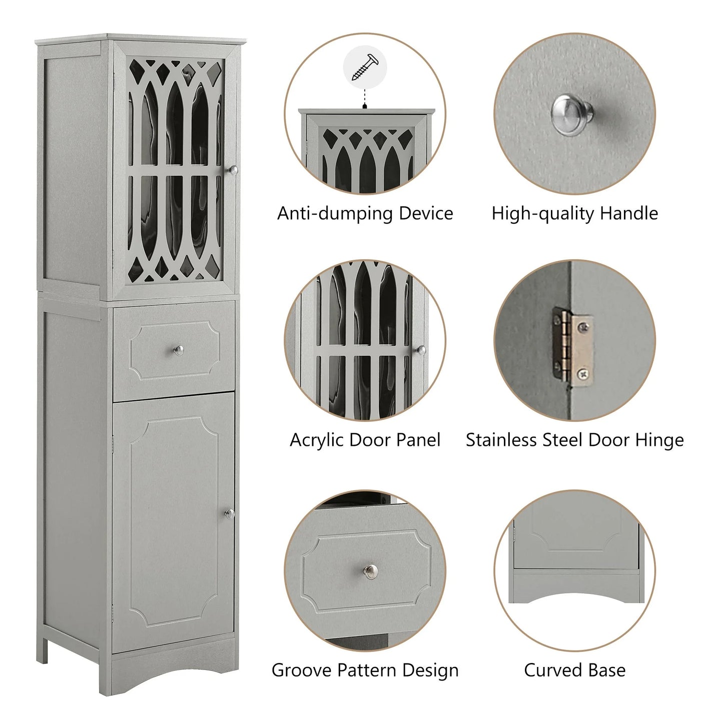 DEALTOPS Modern Bathroom Cabinet with Drawer and 2 Cabinets, Slim Freestanding Storage Cabinet with adjustable shelf for Bathroom - Gray
