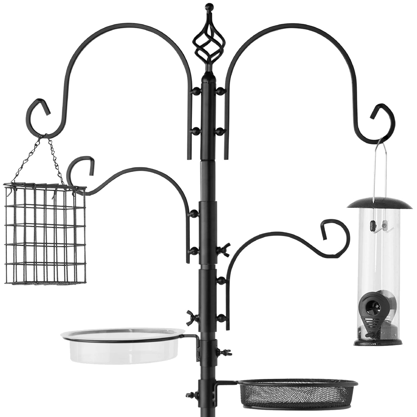Best Choice Products 91in 4-Hook Bird Feeding Station, Steel Multi-Feeder Stand w/2 Feeders, Tray, Bird Bath - Black