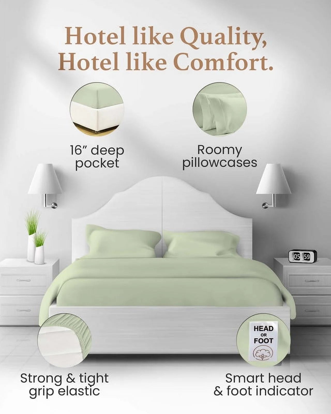 Good Sleep Bedding 100% Egyptian Cotton Split King Sheets, Luxury 1000 Thread Count 5 Piece Sheets & Pillowcases Set - Sage