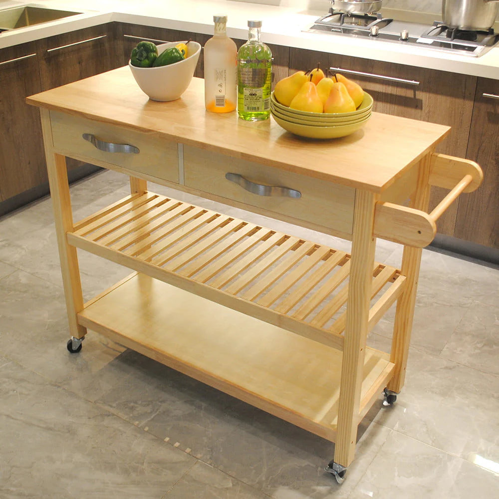 Visentor Kitchen Island Cart with Lockable Wheels, 3 Tier Rolling Utility Kitchen Storage Carts Table with 2 Drawers, 2 Shelves & Towel Rack, 45 Inch, Natural