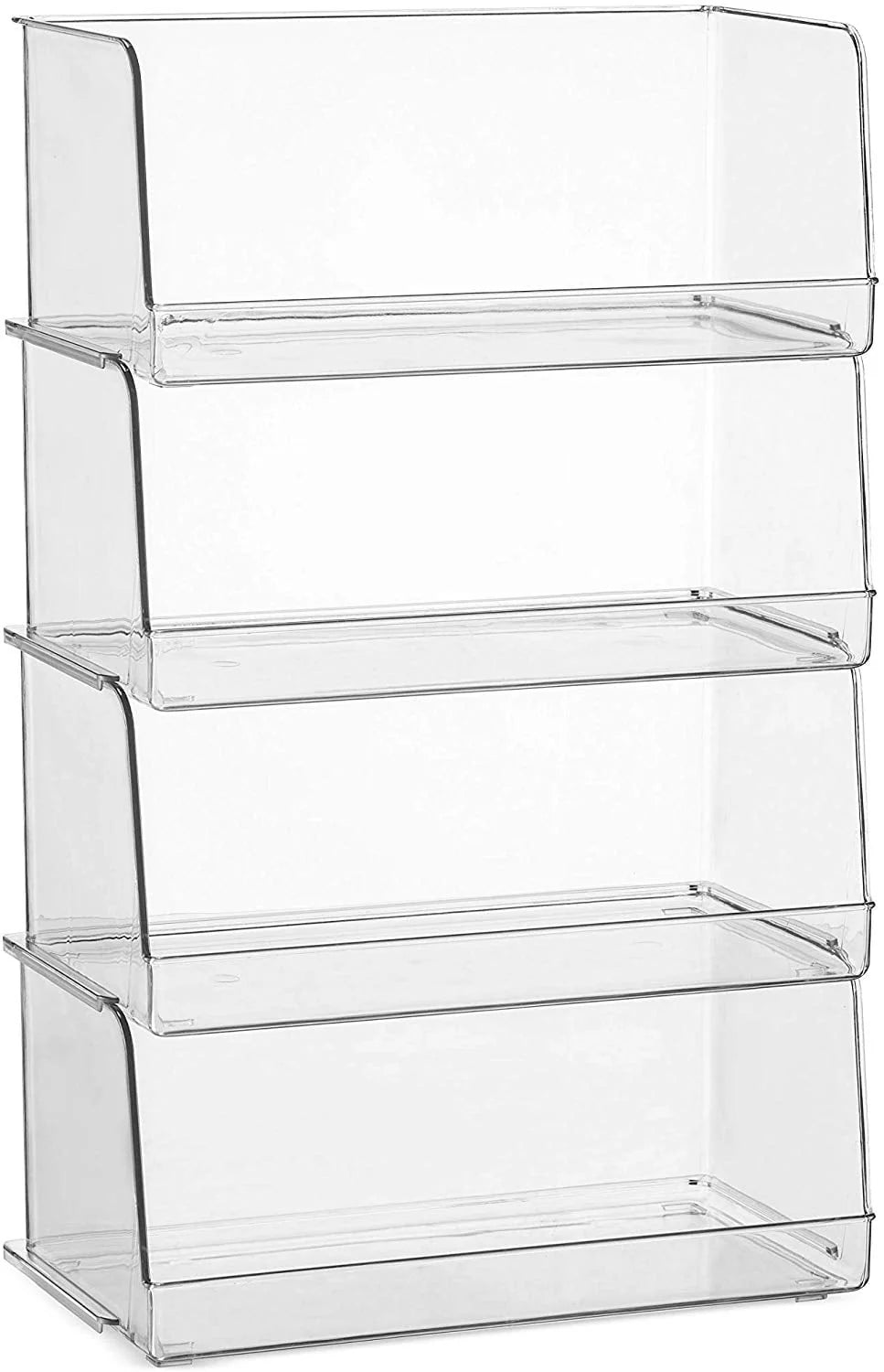 Set Of 4 Clear Pantry Organizer Bins Stackable Household Plastic Food Storage Basket with Wide Open Front for Kitchen, Countertops, Cabinets, Refrigerator, Freezer, Bedrooms, Bathrooms - 12" Wide