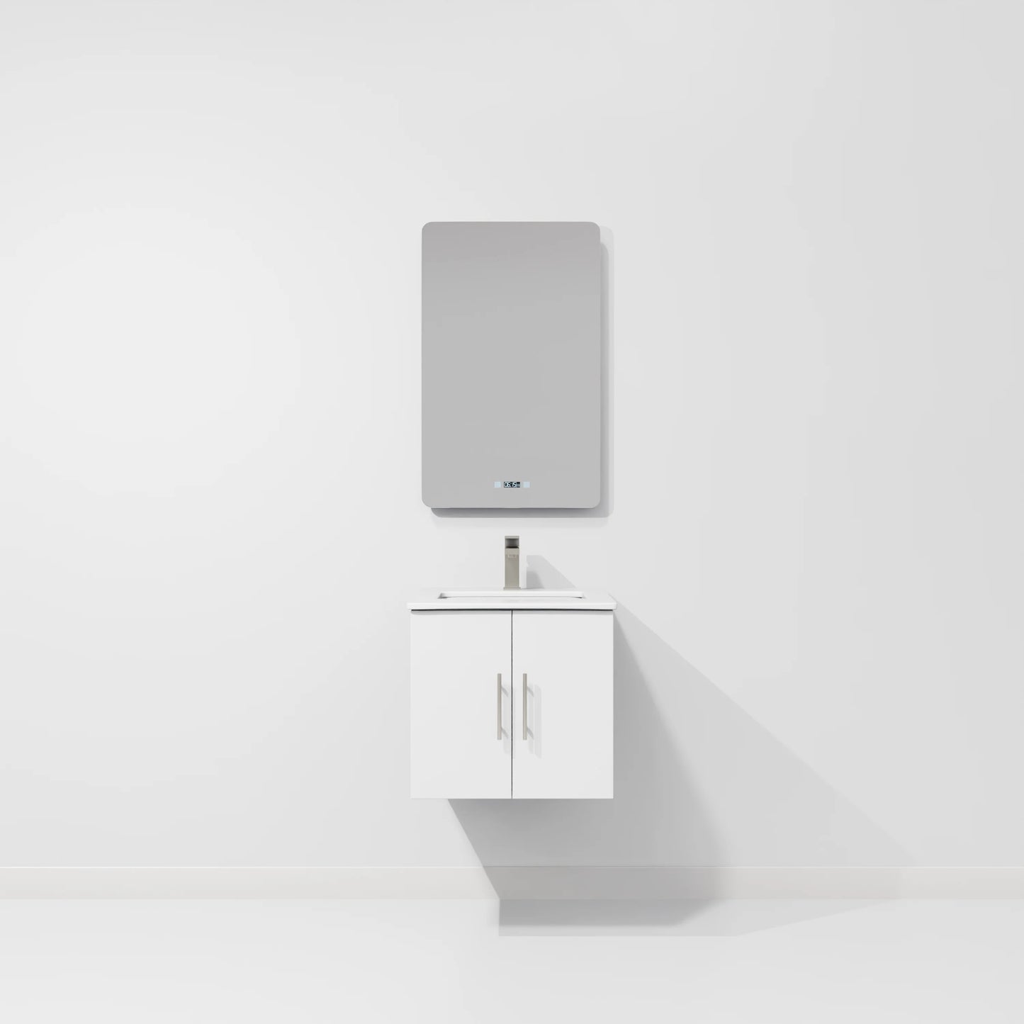 Geneva 24 in W x in D Glossy White Single Bath Vanity Cultured Marble Countertop, 18 in Mirror and Faucet Set