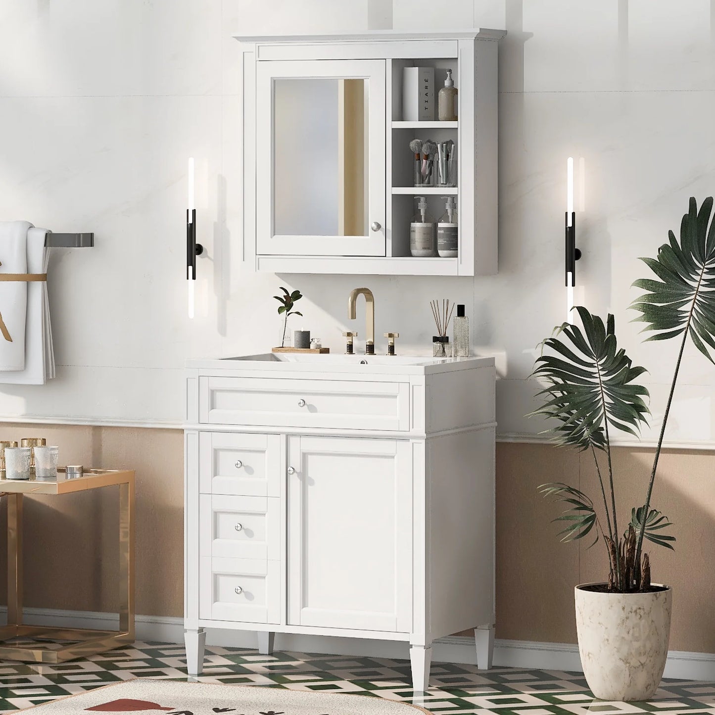 30'' Bathroom Vanity with Top Sink, Freestanding Vanity Set with Mirror Cabinet,Green