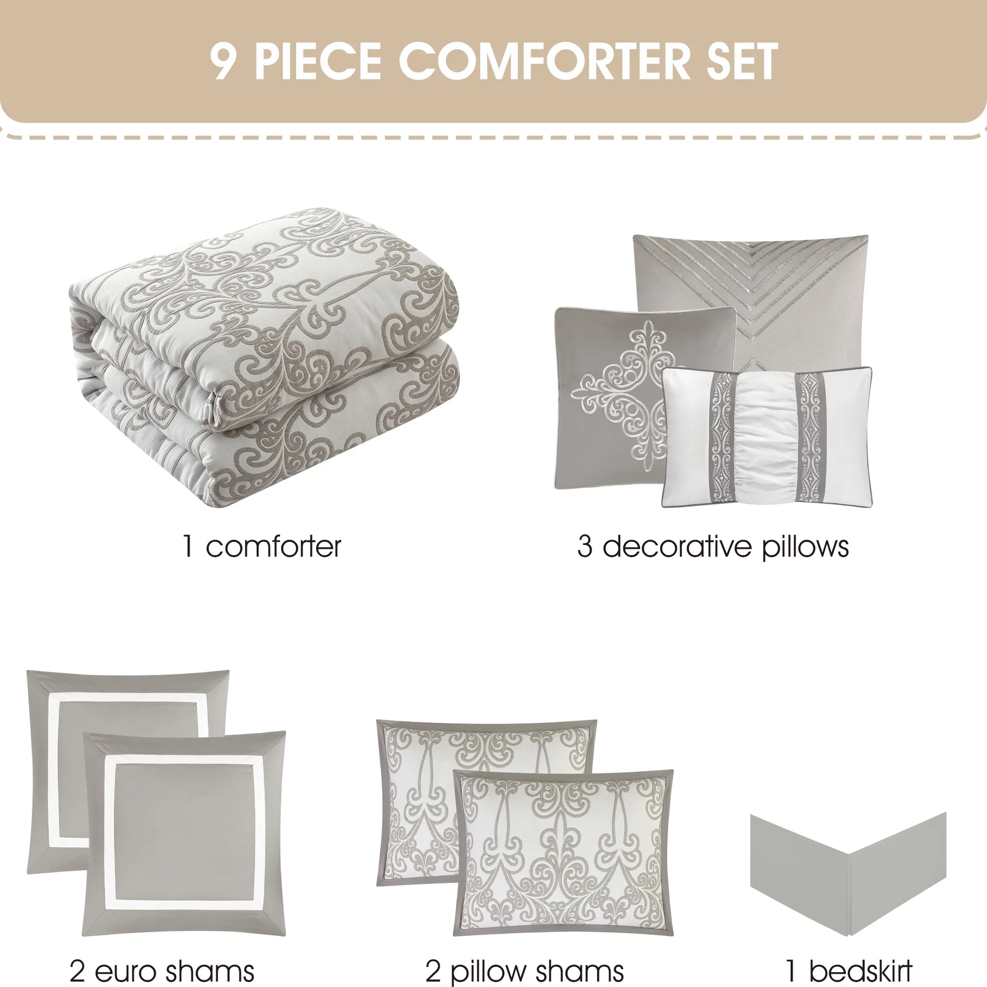 Lanco Smoke Grey Comforter Set California King Size, 9 Piece Jacquard Floral Bedding Set, All Season, Ultra-Soft, Matching Pillows & Shams, Bed Skirt