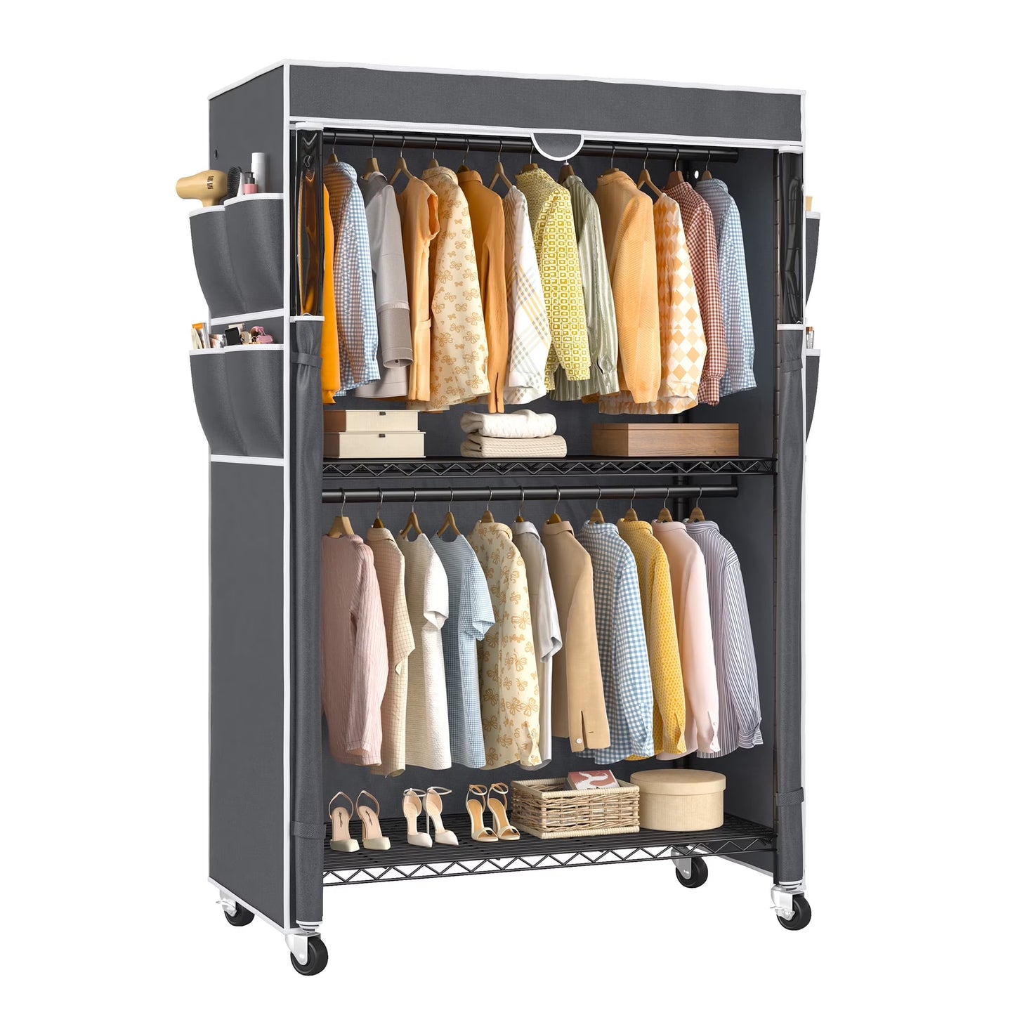 EnHomee Rolling Closet Rack with Dustproof Cover,450LBS Load Capacity Adjustable 81"H Portable Wardrobe with Side Pockets,Black