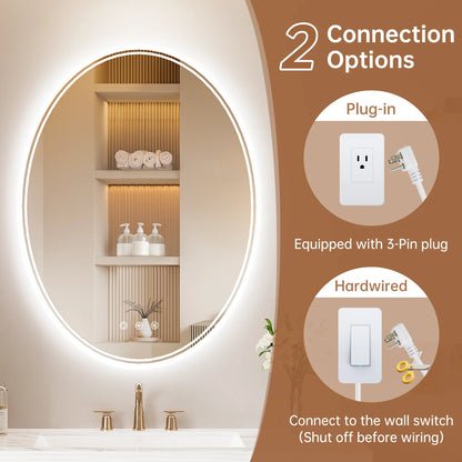 Funtouch 20" x 28" Oval LED Bathroom Mirror with Lights, Anti Fog LED Bathroom MirrorDimmable, Front and Backlit, 3 Colors, Memory, Shatterproof