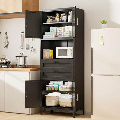 75° Tall Kitchen Pantry Storage Cabinet, Metal Storage Cabinet with 2 Drawers and Adjustable Shelves, Kitchen Pantry Cupboard, Freestanding Cupboard for Bathroom, Living Room(Black)
