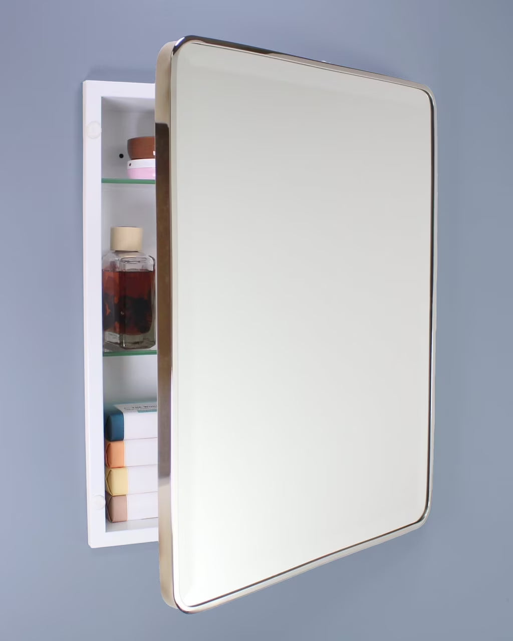 16x20 Austin Farmhouse Metal Framed Rounded Rectangle Recessed Bathroom Medicine Cabinet, Beveled Mirror, 14x18 in-Wall Opening, Powder-coated Steel, Adjustable Glass Shelves, Magnet Close, White
